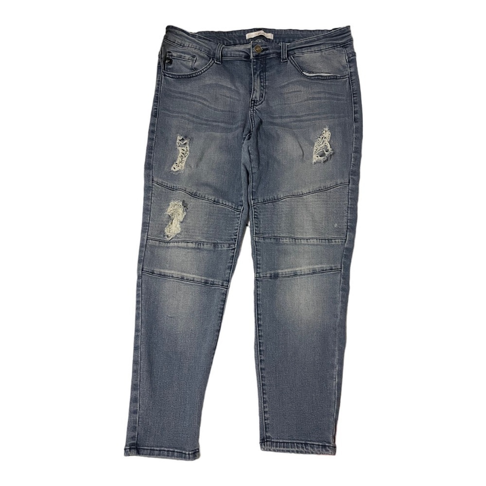 𝅺KANCAN Y2K Moto distressed medium wash mid-rise stretch jeans casual size 15/31